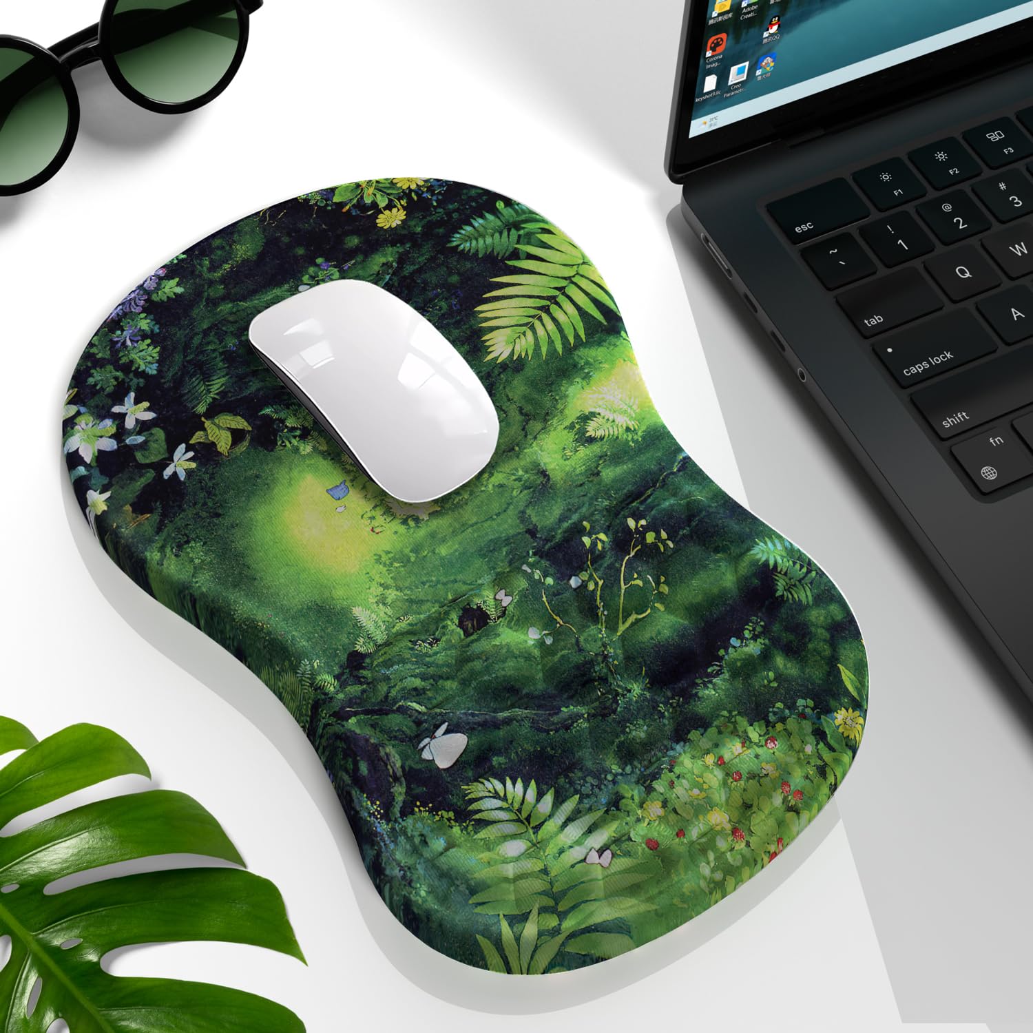 Bonita alfombrilla ergonómica para mouse verde con espuma viscoelástica, diseño de plantas verdes de anime Kawaii, soporte de muñeca, decoración de escritorio, oficina, para niña, reposamuñecas para
