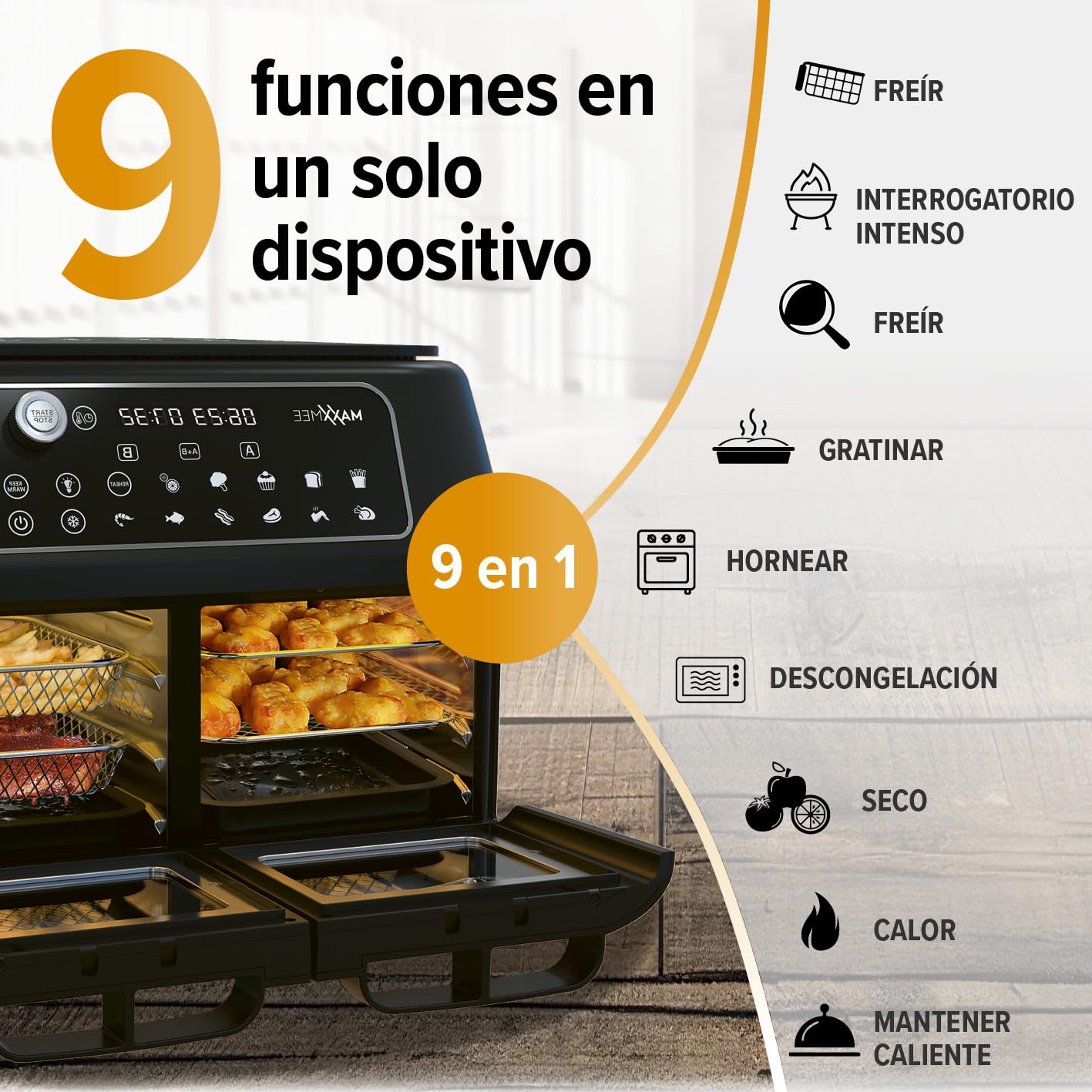 MAXXMEE Freidora de aire caliente de doble cámara 11 l | Combinación inteligente de horno de aire caliente, parrilla y freidora con 2 compartimentos XXL de 5,5 litros cada uno | Panel de control