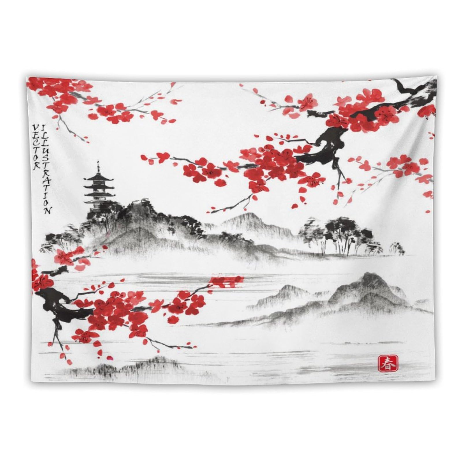 Houselerax Cherry Blossoms Tapestry, Japanese Fuji Mountain Tapestry, Asian Japanese Wall Tapestry, Nature Landscape Tapestries for Bedroom Living Room Decor 40"x30"