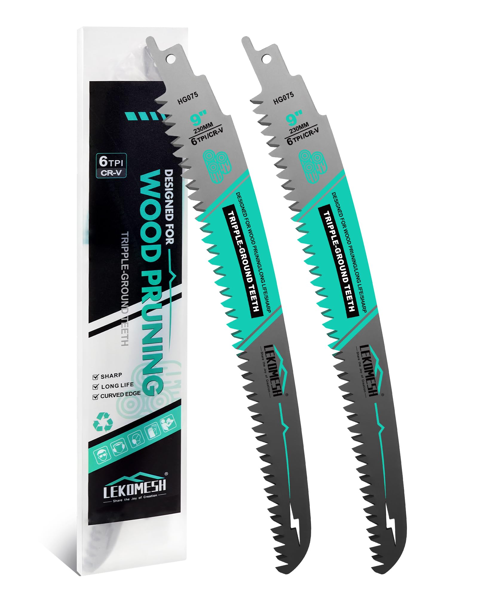 LEKOMESH 230MM Japanese Teeth Reciprocating Saw Blades Wood Pruning - 2pcs Curved Edge 6TPI for Tree Trimming, Wood/PVC Pipe Cutting, Cr-V Sabre Blades Better Wear Resistance