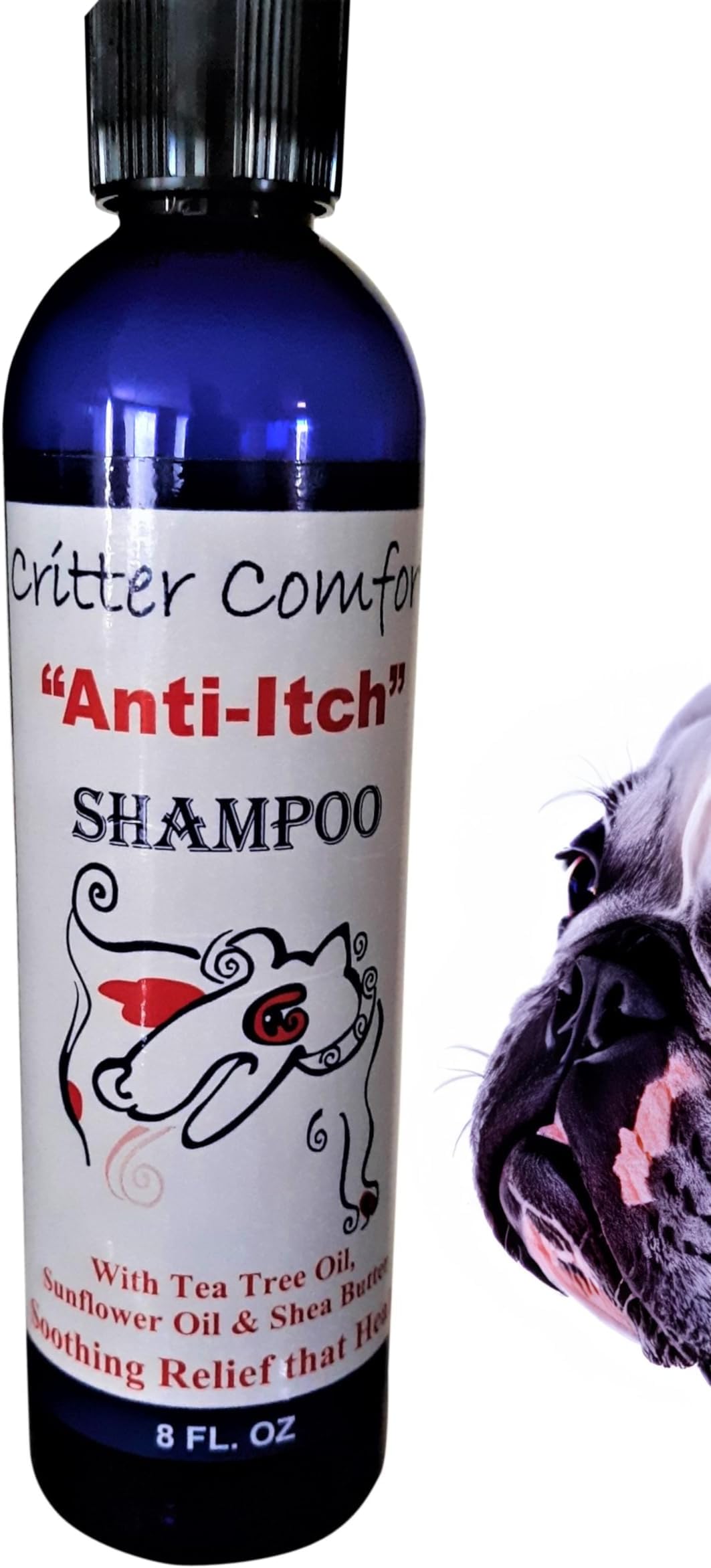Critter Comfort Dog Shampoo Anti Itch Skin Relief with Shea Butter, Sunflower & Tea Tree Oil - Great for Deshedding, Allergies, Itching & Reducing Dander. Makes 32oz from One 8oz Concentrate Bottle