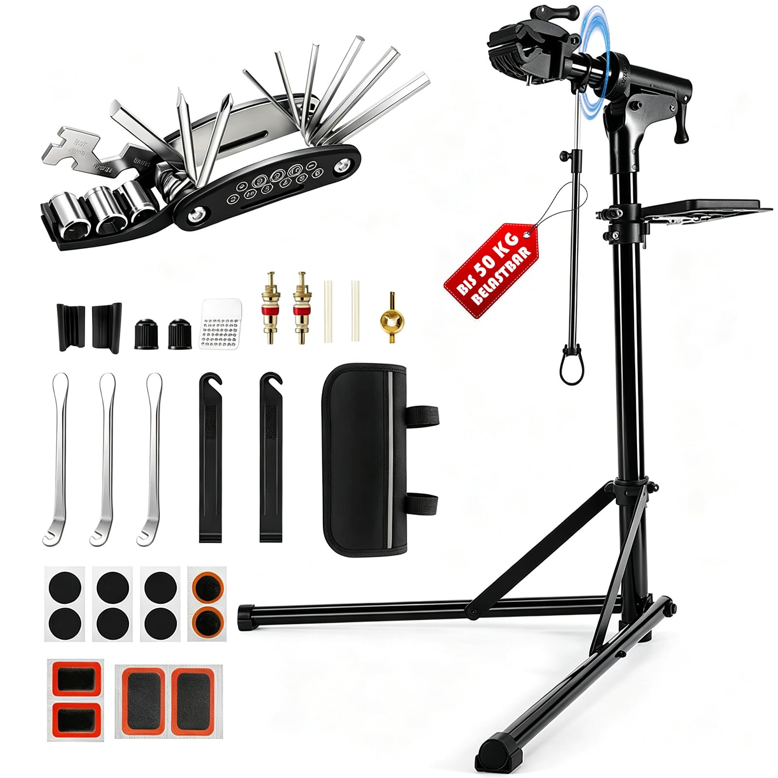 Warmfay® Fahrradmontageständer Profi 50kg für E-Bike, Klemmkopf 360° Drehbar, Klappbar & Höhenverstellbar Fahrrad Reparaturständer mit Reparaturset und Werkzeugablage, für ∅ 25 bis 50mm Fährräder