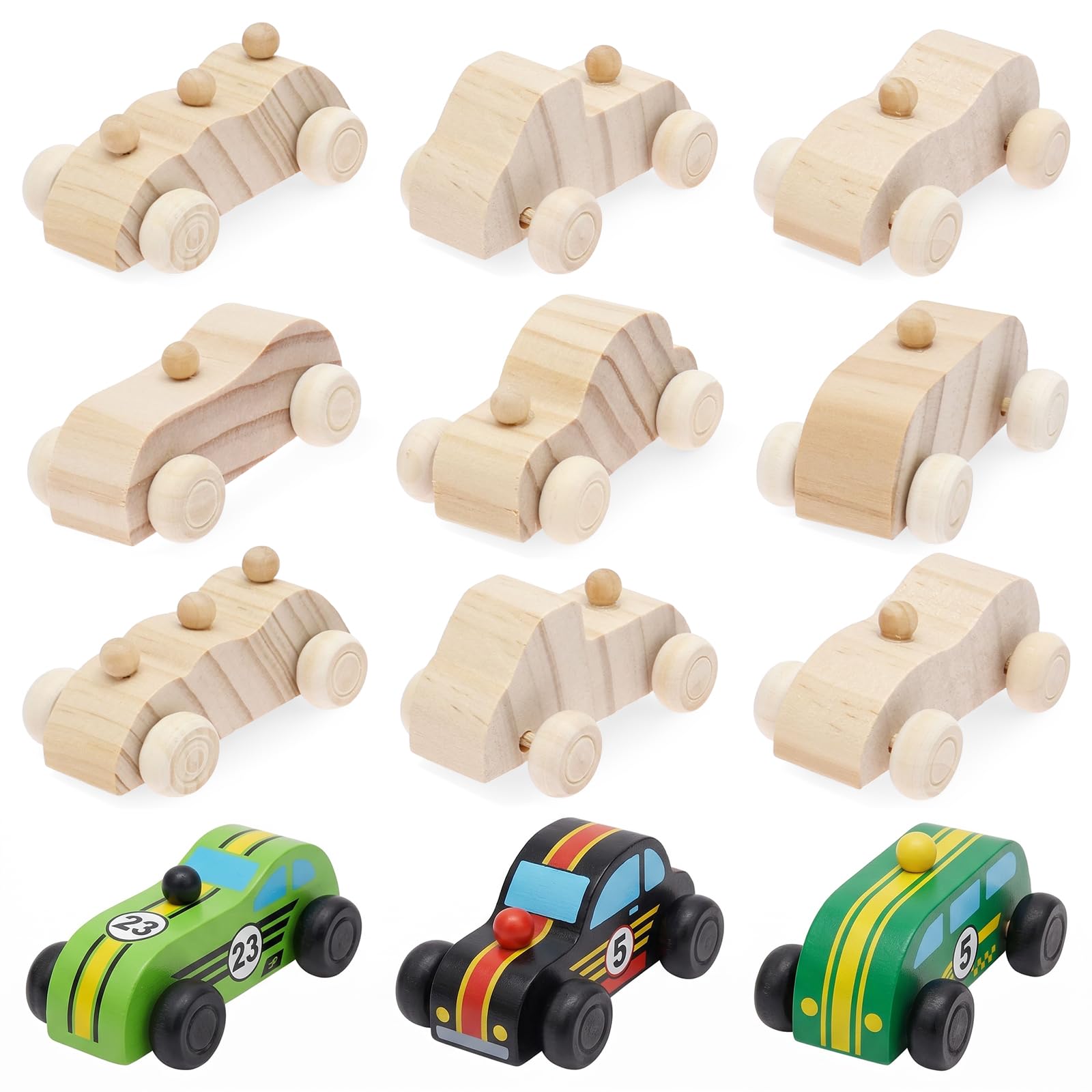 BOBASH 12 Pcs Unfinished Wooden Cars for Painting, DIY Blank Wood Race Car Craft Kit with Moving Wheels, Natural Wooden Toy Vehicles Creative Art Projects, Party Bags & Family Activities
