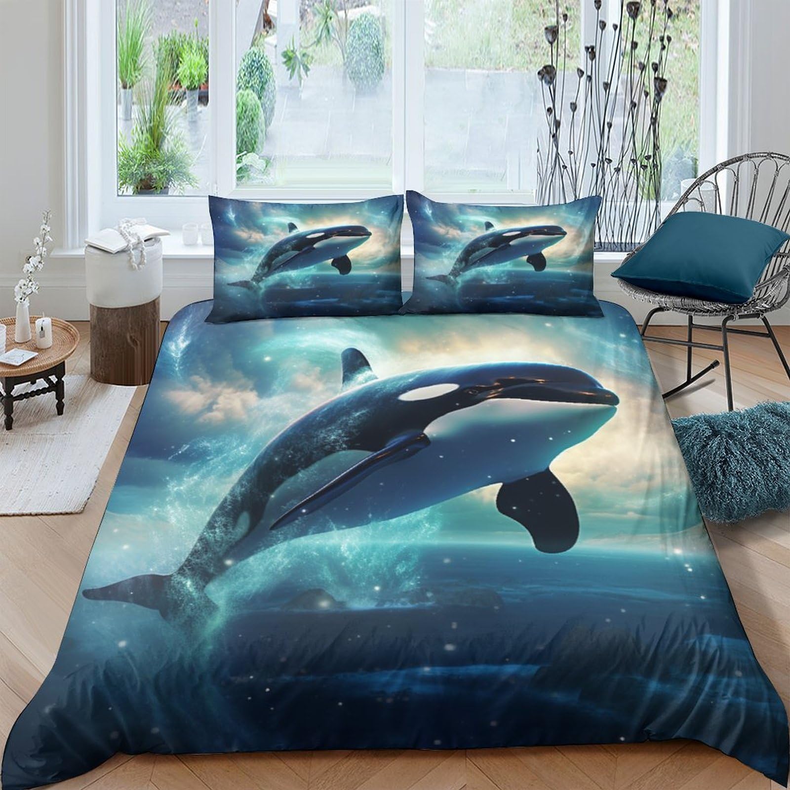 Anime Whale Duvet Cover Bedding Set 3 Piece Set Duvet Cover Quilt Cover Microfiber Polyester Comforter Cover with Zipper Closure Pillowcase King（220x240cm）