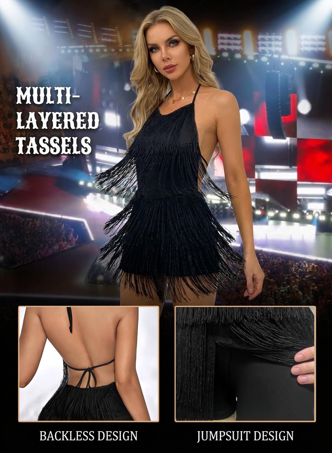 Ella Lust Verführerischer rückenfreier Overall mit Fransenkleid - Damen-Club-Boho-Playsuit mit Quasten und gestuftem Neckholder, Festival-Bodysuit