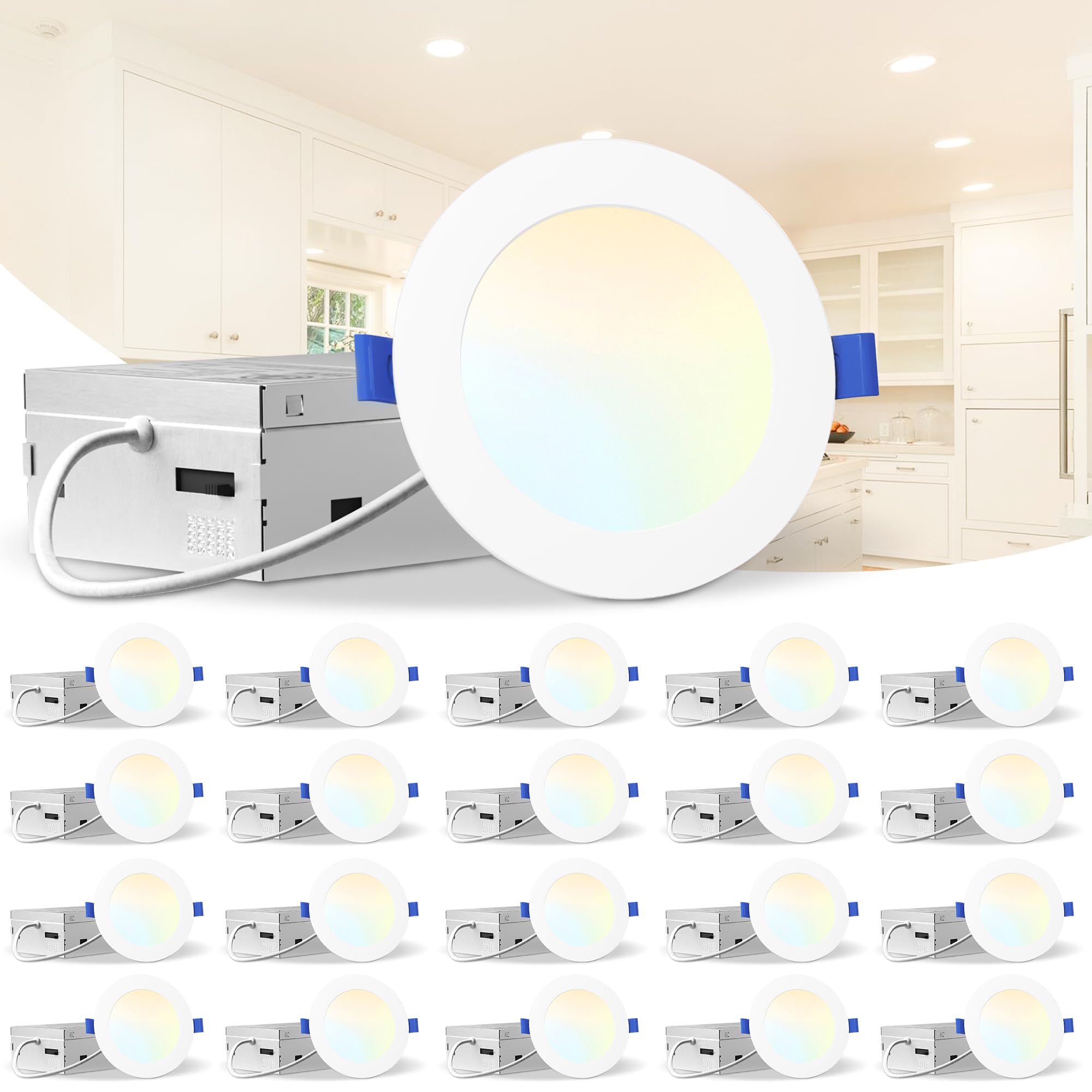 LEDIARY 20 Pack 4 Inch 5CCT Recessed Lights,Canless Slim Led Pot Lights Dimmable, Slim Ceiling Potlights with Junction Box,2700k-5000k Selectable,9W Eqv 110W, 750LM Downlight - ETL