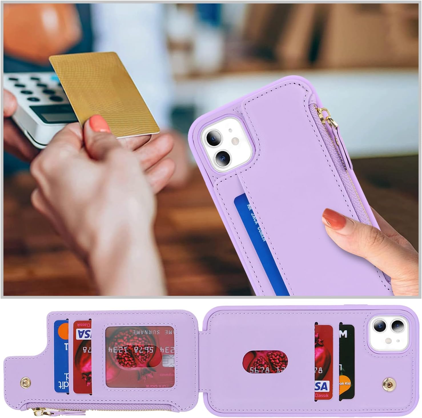 Cavor for iPhone 12 Case with Card Holder,for iPhone 12 Pro Wallet Case for Women Men,Leather Magnetic Clasp Zipper Pocket Protective Phone Cover-Purple - Image 4
