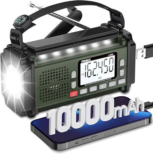 PRUNUS J-924 10000mAh37000mWh Radio de manivela, pilas AAA, radio de emergencia solar, radio meteorológica NOAA AMFMSW, carga USB, antorcha y luz de