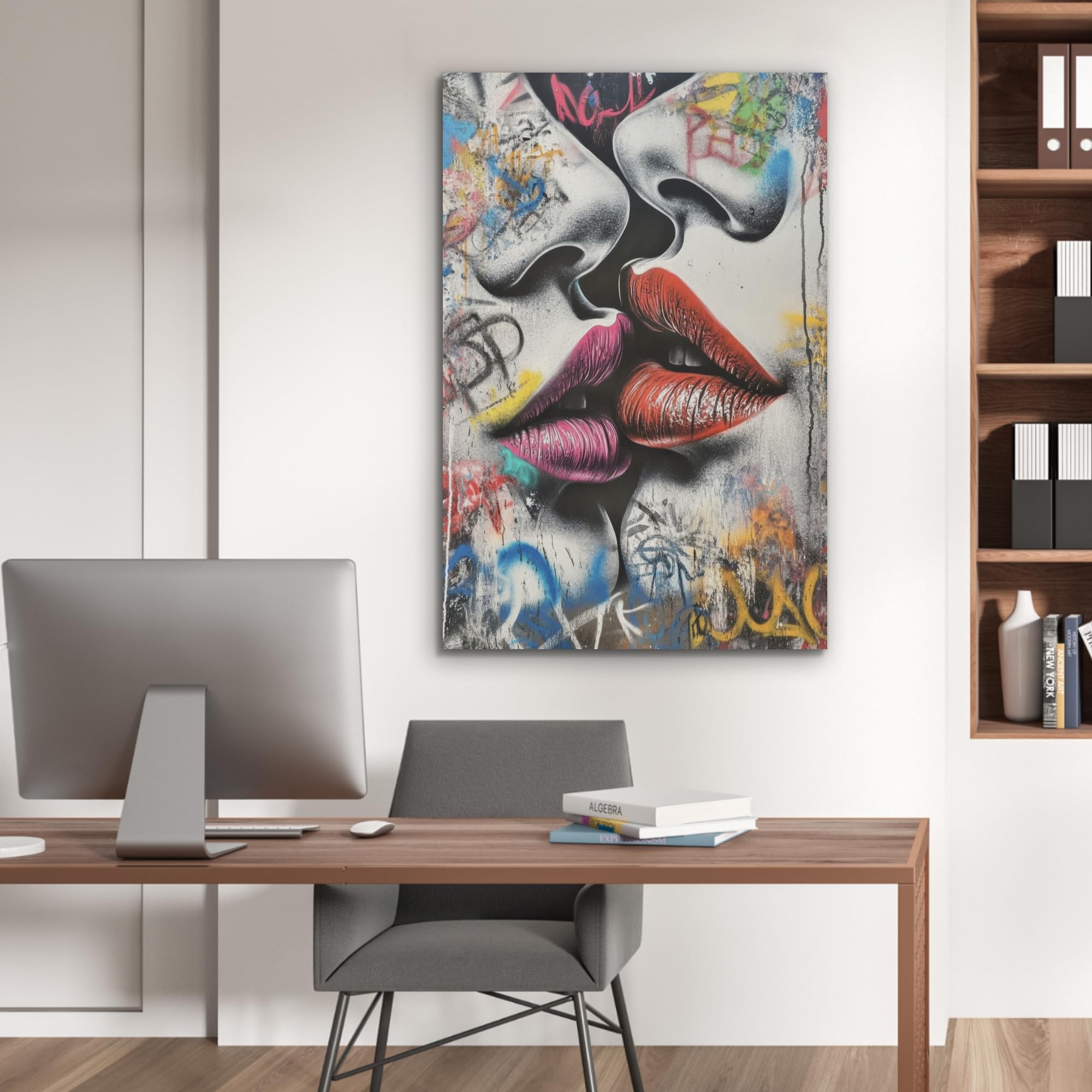 MuchoWow© Wandbilder aus Filz 60x90 cm Wohnzimmer Wanddeko Schlafzimmer Zimmerdeko Wandgemälde Zimmer Deko für die Wand Dekoration Wall Art Straßenkunst - Lippen - Kuss - Graffiti