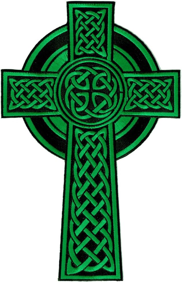Celtic Cross Large Iron-On Patch Green Embroidered Relgious Gaelic Irish Crucifix