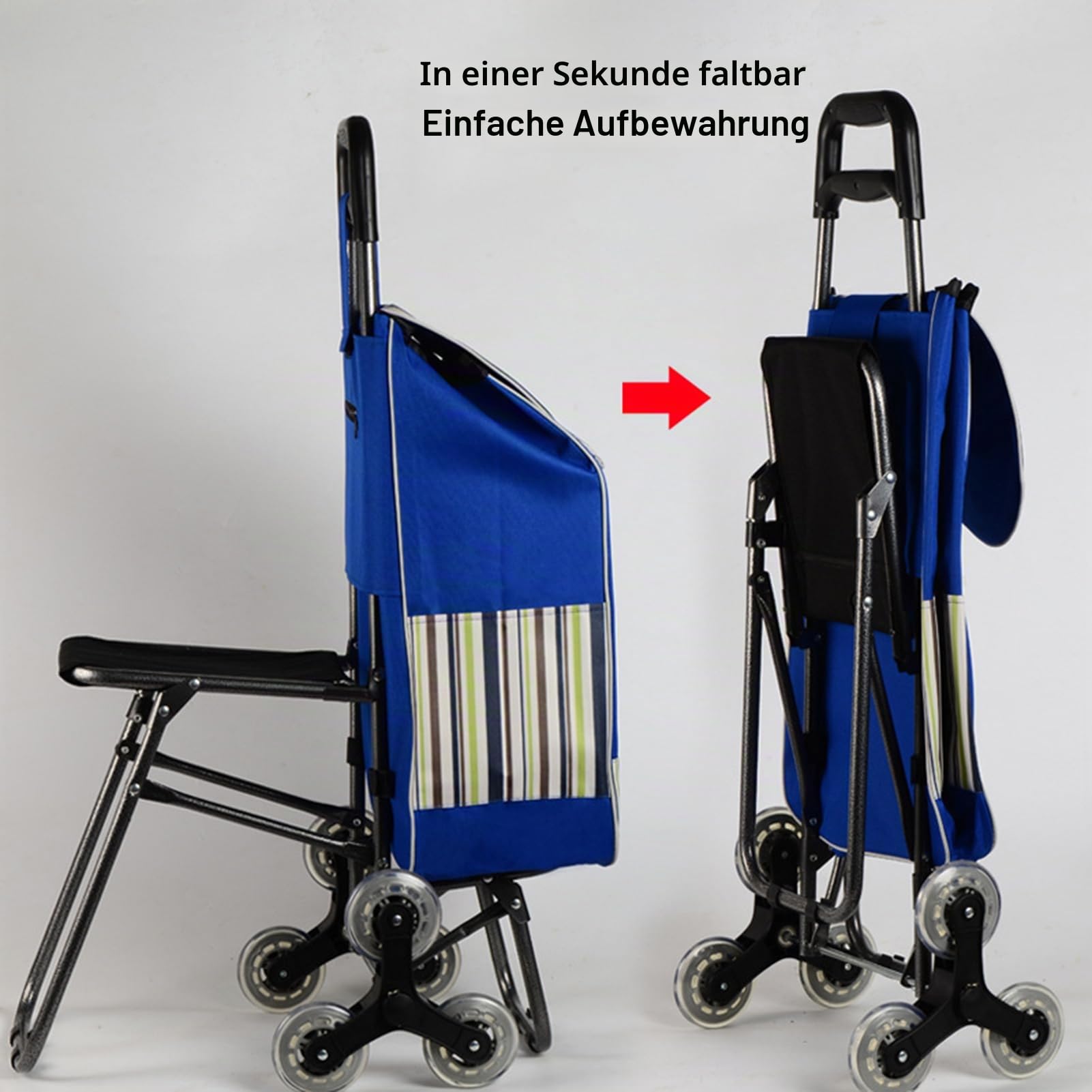 Einkaufstrolley Klappbar mit Sitz, Trolley Einkaufstrolley Treppensteiger, Robust und Langlebig, Faltbarer Einkaufswagen, Großvolumig für Einkauf, Wäsche, Reise
