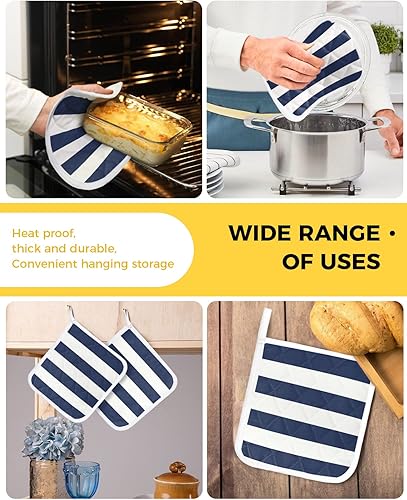 Miniatura 5 de Paquete de 4 soportes para ollas con aislamiento térmico, diseño náutico moderno a rayas, lavable, juego de ollas para cocina, color azul marino,