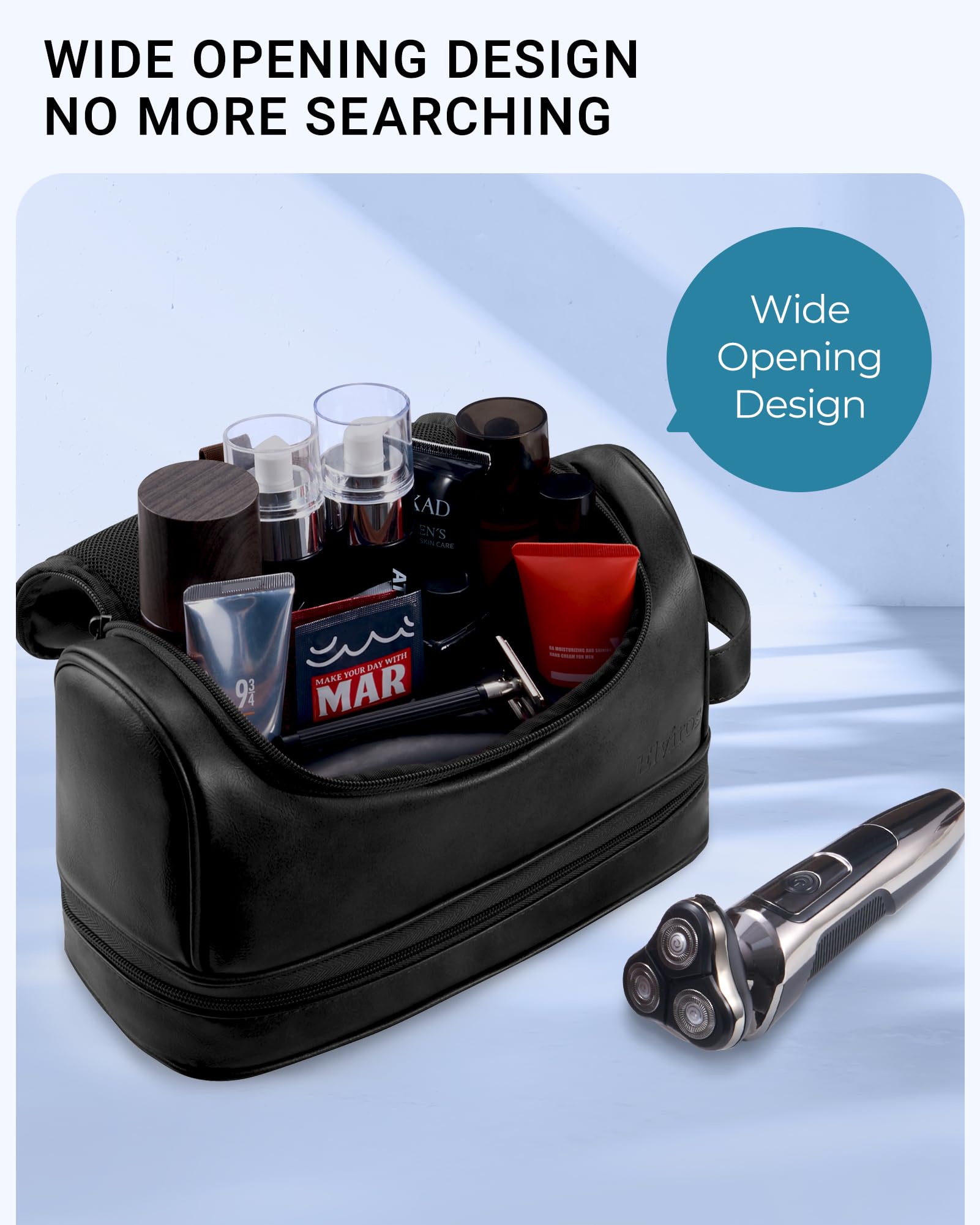 Elviros Beauty case, organizer da viaggio da uomo in pelle con gancio per appenderlo, grande borsa da toilette resistente all'acqua da bagno da donna, nero, Extra Large, Beauty case grande