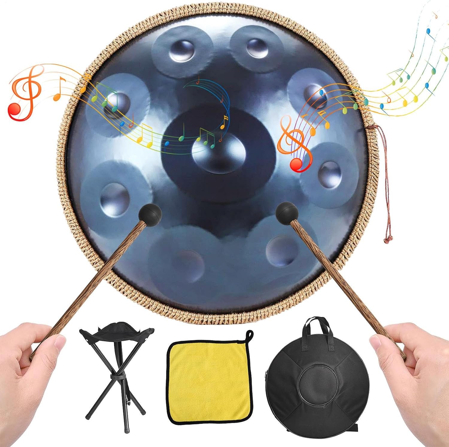 Handpan Drums Sets,G Minor 18 Inches Steel Hand Drum,Stainless Steel Pan Drum Metal Percussion Instruments With Soft Hand Pan Bag,2 Handpans Mallet,Handpans Stand,cleaning Cloth(9 Notes,440hz)