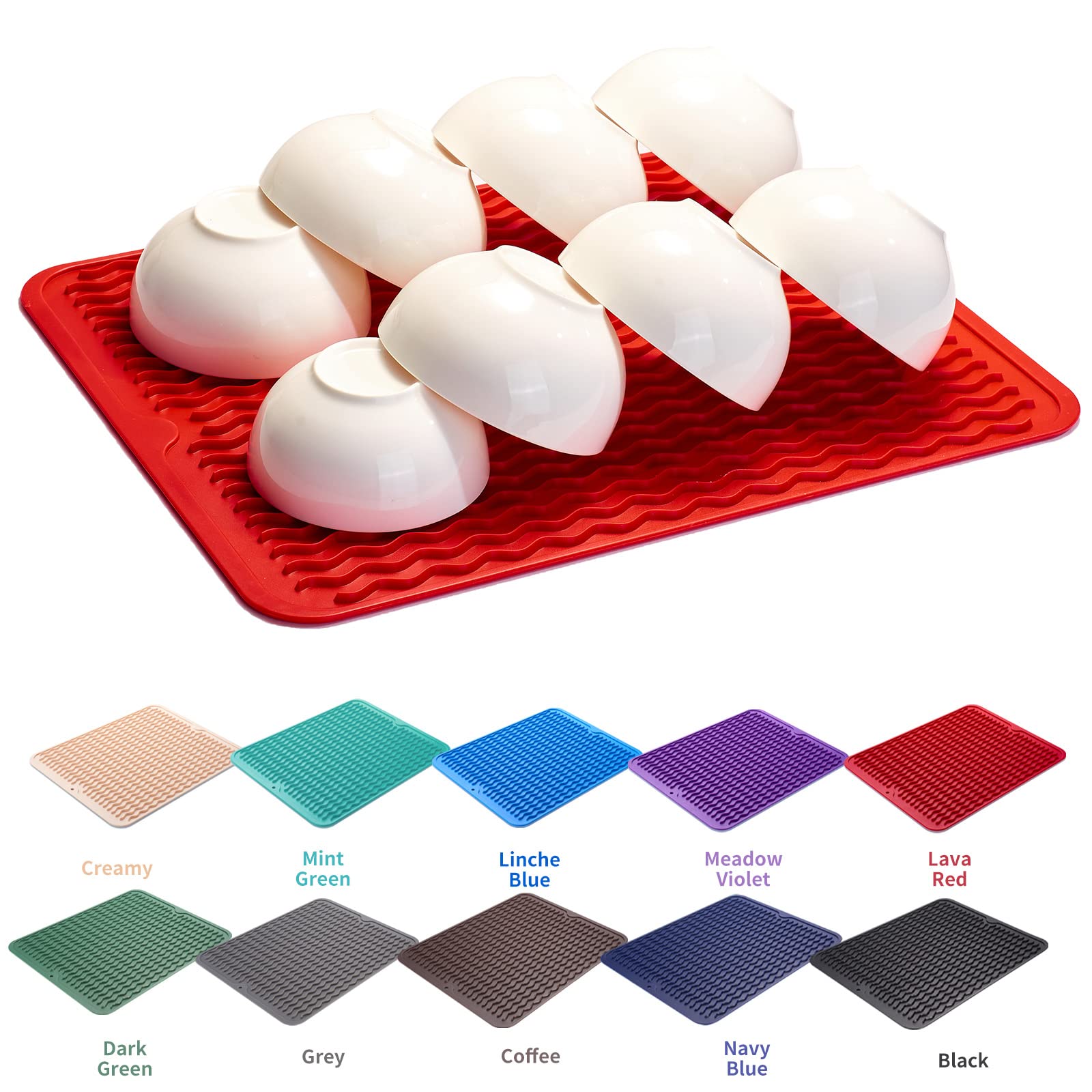 ZLR Silicone Dish Drying Mat for Kitchen Counter, Eco-Friendly Quick Dry Dish Mat, Easy Clean Multi Usage Drying Matt, Heat Resistant Trivet, 12" x 16" Large, Lave Red