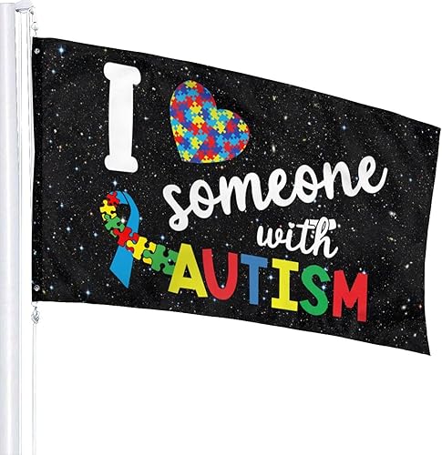 Miniatura 2 de Bandera con texto en inglés "I Love Someone with Autism Flag" de 3 x 5 pies, a prueba de decoloración para exterioresinteriores, rompecabezas de