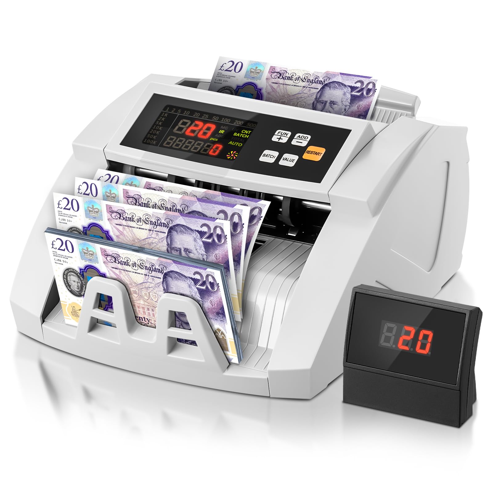 FOHERE Money Counter Machine, Professional Bill Counter with UV/IR/DD Counterfeit Detection, 1100 Banknotes/Minute, LCD Display, Value & Batch Cash Counting Modes for Shops, Banks and Restaurants