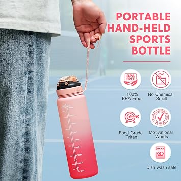 SEASEVEN Water Bottle with Straw 1L,Boys Water Bottles with Straw 1 Litre,Waterbottle Leak-Proof Sports Water Bottle,Plastic Drinks Bottles Toxin Free，Bpa-Free (Gradient-Pink)