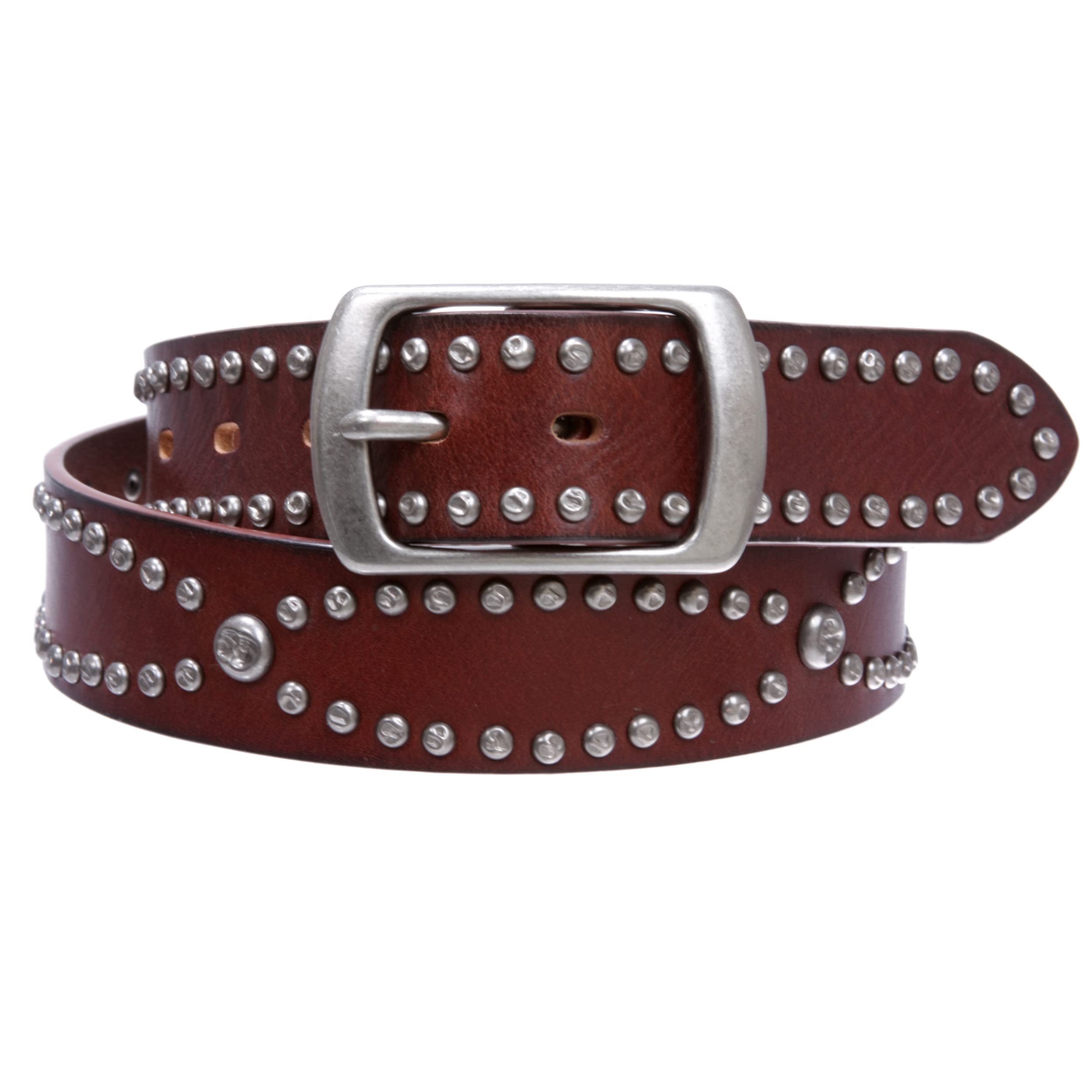 Western Snap on Hammered Rivet Silver Circle Metal Studded Cowhide Leather Belt, Brown | 40