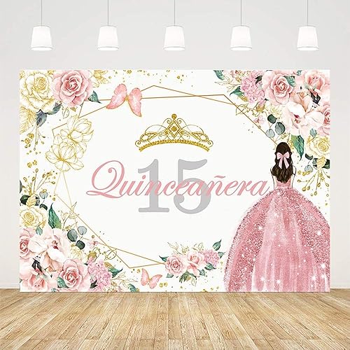 Miniatura 2 de Sendy Telón de fondo de quinceañera de 8 x 6 pies para fiesta de cumpleaños de 15 años de dulce niña, Mis membrillo rosa dorado con purpurina floral