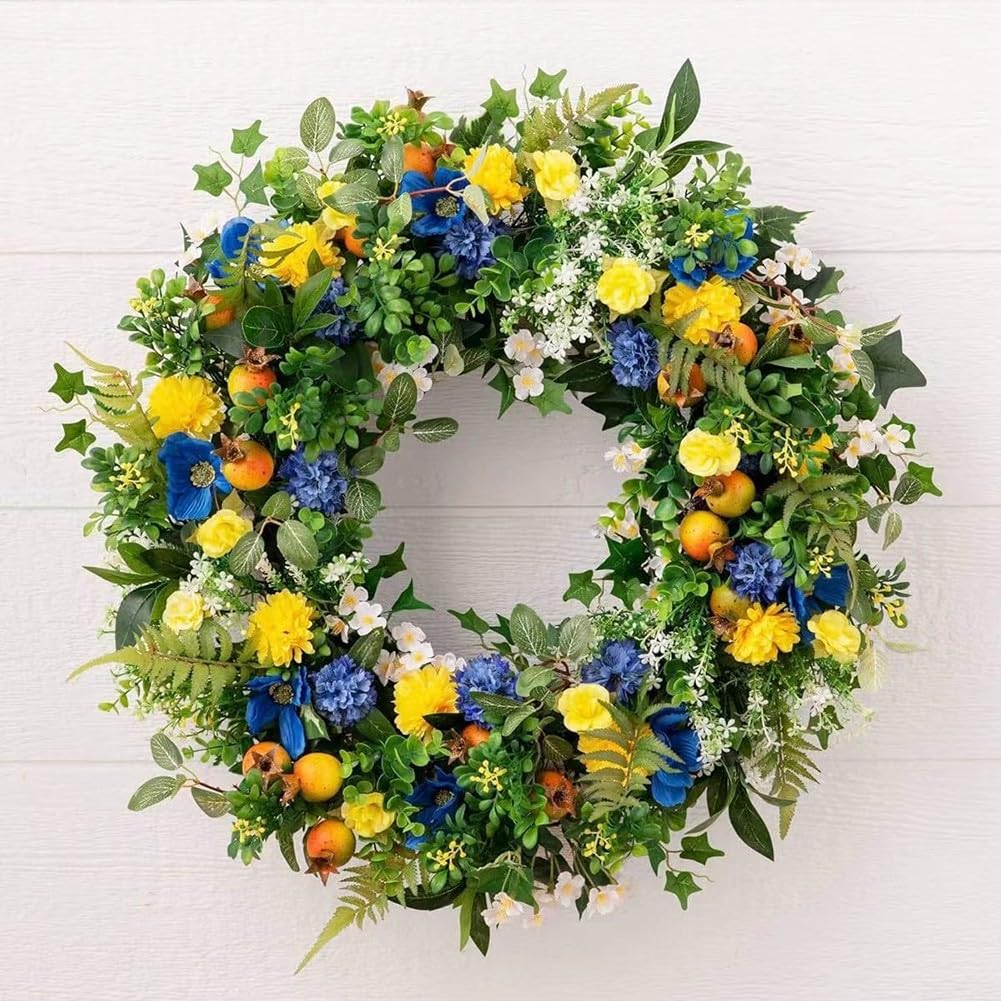 Künstlicher Blumenkranz 35 cm Sommer fürDeko für Haustür Wand Fenster – Bunter Frühlingskranz aus Kunststoff als langlebiger Türkranz für Hochzeit Geburtstag Party und Garten(35CM)