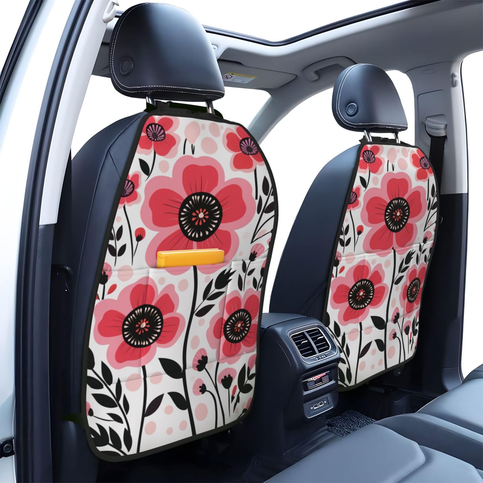 Pink And Black Flowers Car Seat Back Kick Protectors,2 Pack Kick Mats With Storage Pockets For Vehicles To Protect From Dirt Mud Scratches