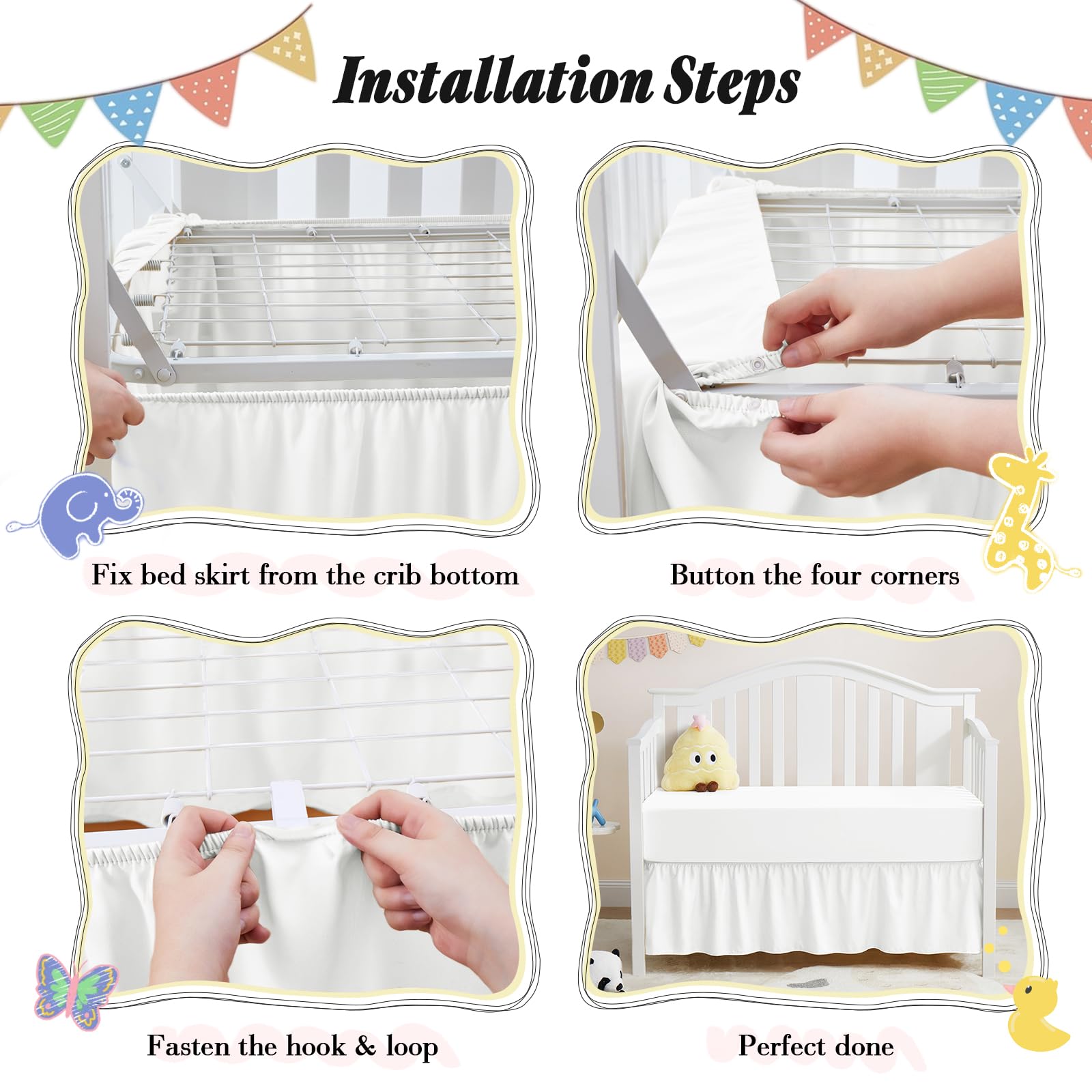 Horbaunal Juego de 2 sábanas para cuna, color blanco | Falda de cama para cuna de 28 x 52 pulgadas, volantes de caída de 14 pulgadas, falda de cama de microfibra para niños y niñas