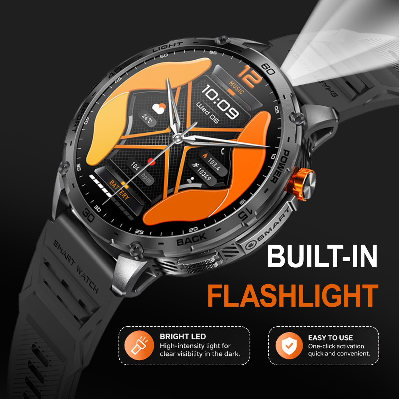 Orologio Smartwatch Uomo, Orologio Sportivo Uomo Multilingue E Sportivo Con Diverse Modalità E Torcia Smart Watch for Men Per Sport, Spostamenti, Riunioni E Relax Black,2 * 0.5 in