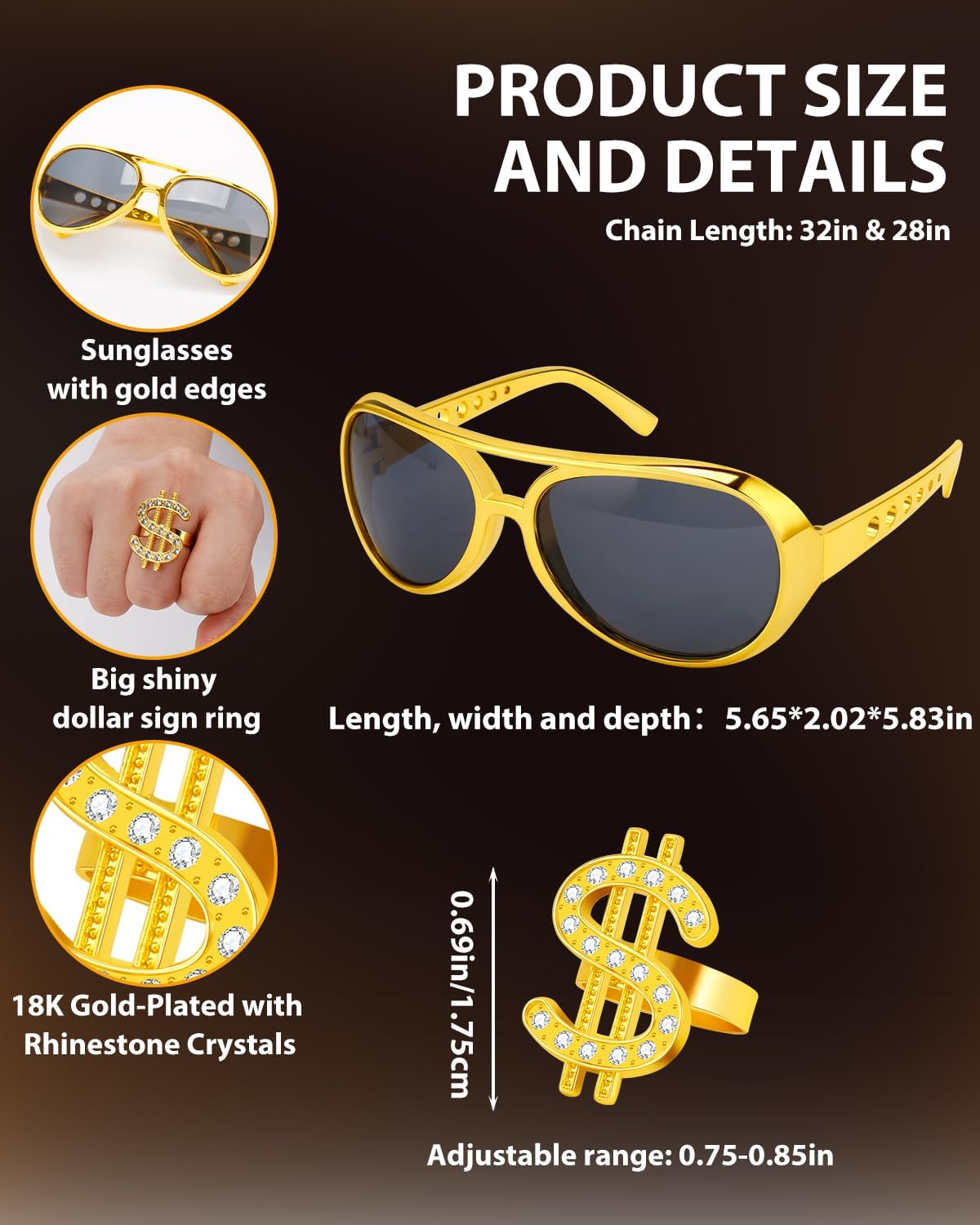 Hoedia 4 PACK 80s 90s Hip Hop Costumes Outfit Kit with Fake Gold Chains, Money Chains, Sunglasses, Large Dollar Sign Finger Rings Rapper Accessories for Men and Women Halloween Party Dress Outfits - Image 3