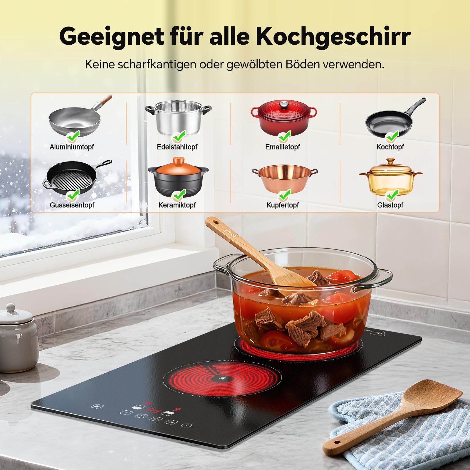 TopStrong Glaskeramikkochfeld 2 Platten 3000W Kochfeld mit Stecker, 2-in-1 Freistehend/Einbau-Design, 9 Heizstufen, Touch-Steuerung, Timer