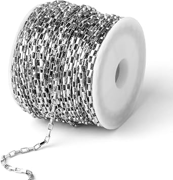 33FT 2mm Stainless Steel Box Chains Bulk Roll for Jewelry Making DIY Craft | 304 Stainless Steel Square Links Venetian Chains Spool for Necklace Bracelet