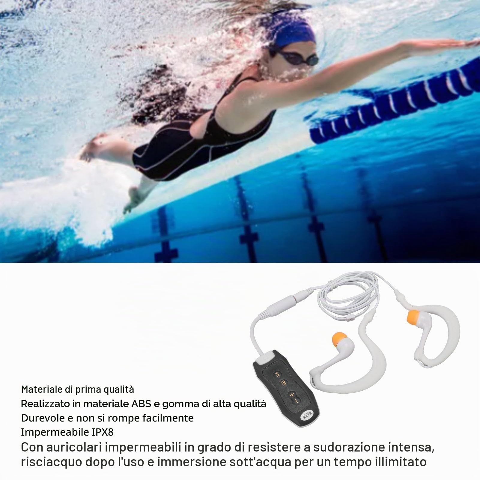 Lettore MP3 impermeabile, 8 GB, IPX8, USB 2.0, lettore MP3 sportivo con cuffie e clip Broadcast, lettore musicale per immersioni, surf (nero)