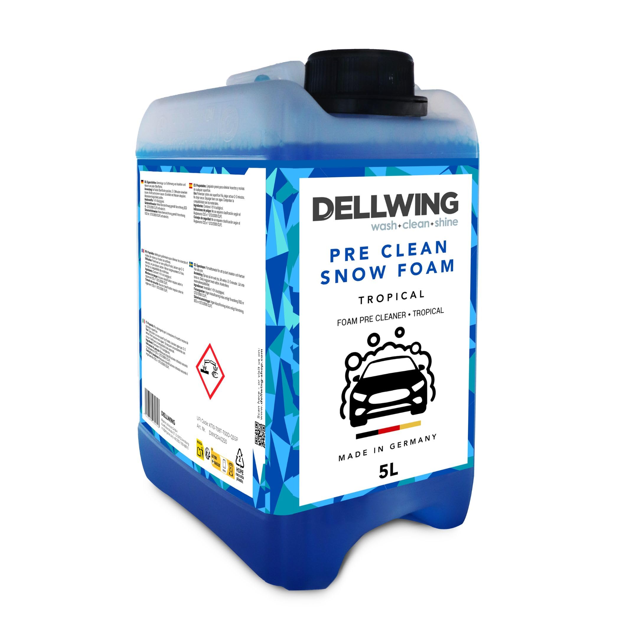 Dellwing Pre Clean Snow Foam concentrato 5 l, shampoo prelavaggio auto pH neutro, detergente schiumogeno per lavaggio auto e cura esterna, odore tropicale, Made in Germany