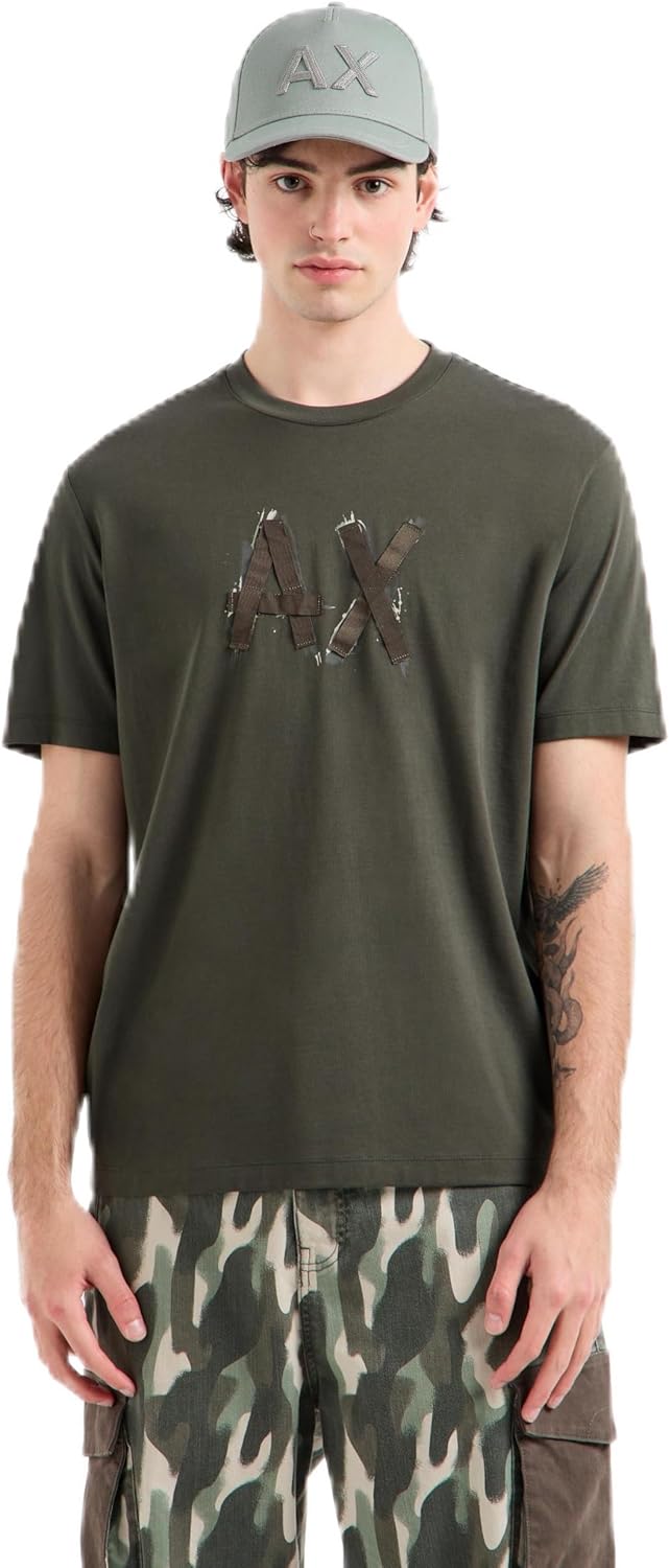 Armani Exchange Mens Ribbon Logo with Camo Outline Regular Fit Heavy Jersey Tee