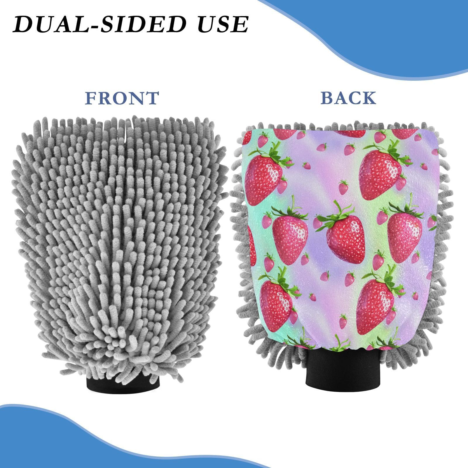 STAYTOP Cute Strawberries Car Wash Mitt Microfiber, 2Pcs Scratch Free Lint-Free, Premium Chenille Microfiber Mitt Car Wash Brush-L