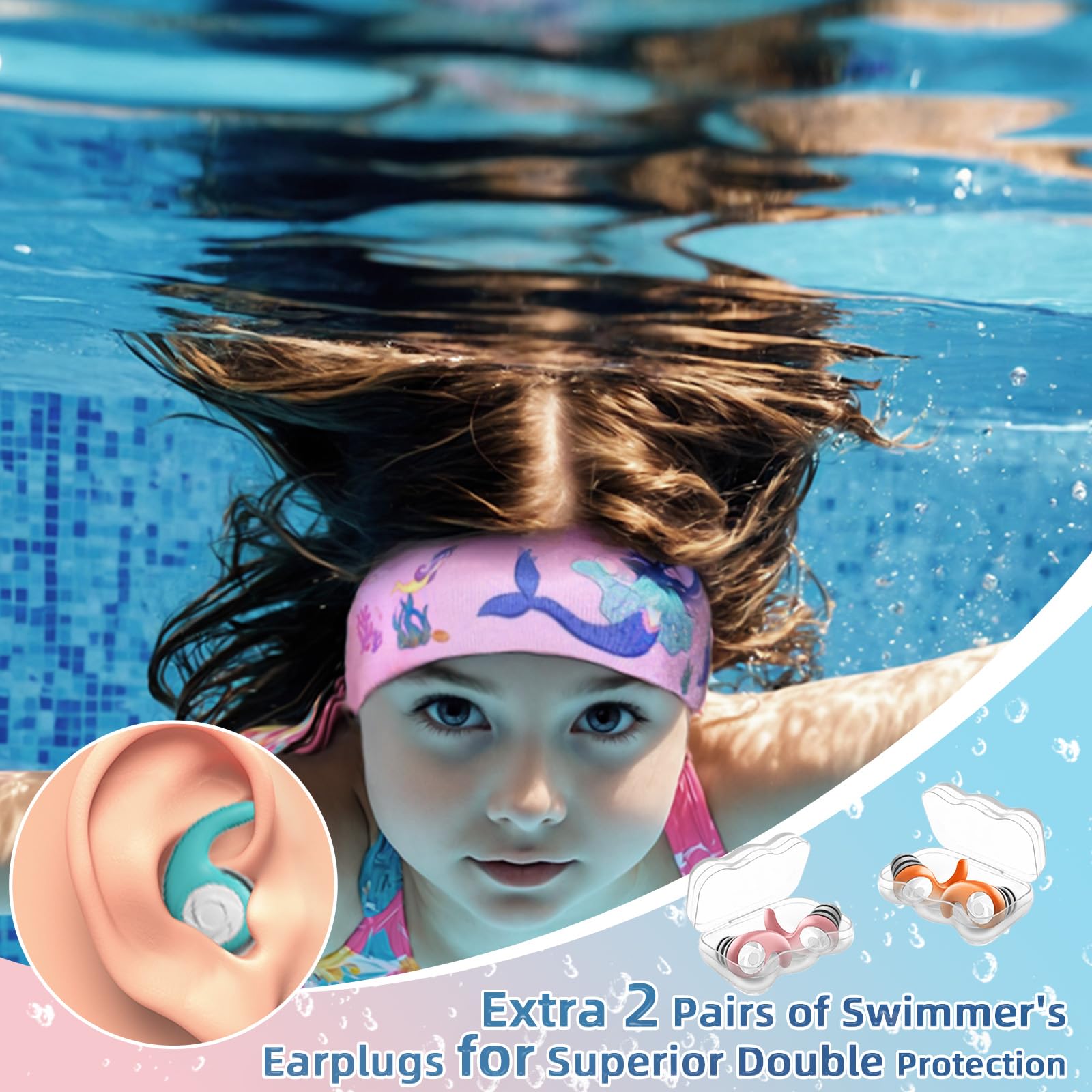 Diadema de Natación,2 Pares de Tapones oidos Natación Impermeable con Banda de Neopreno Elástica, Ajustable y Antideslizante,Ideal para Niños y Adultos para Nadar,Surfear, Bucear y Deportes Acuáticos