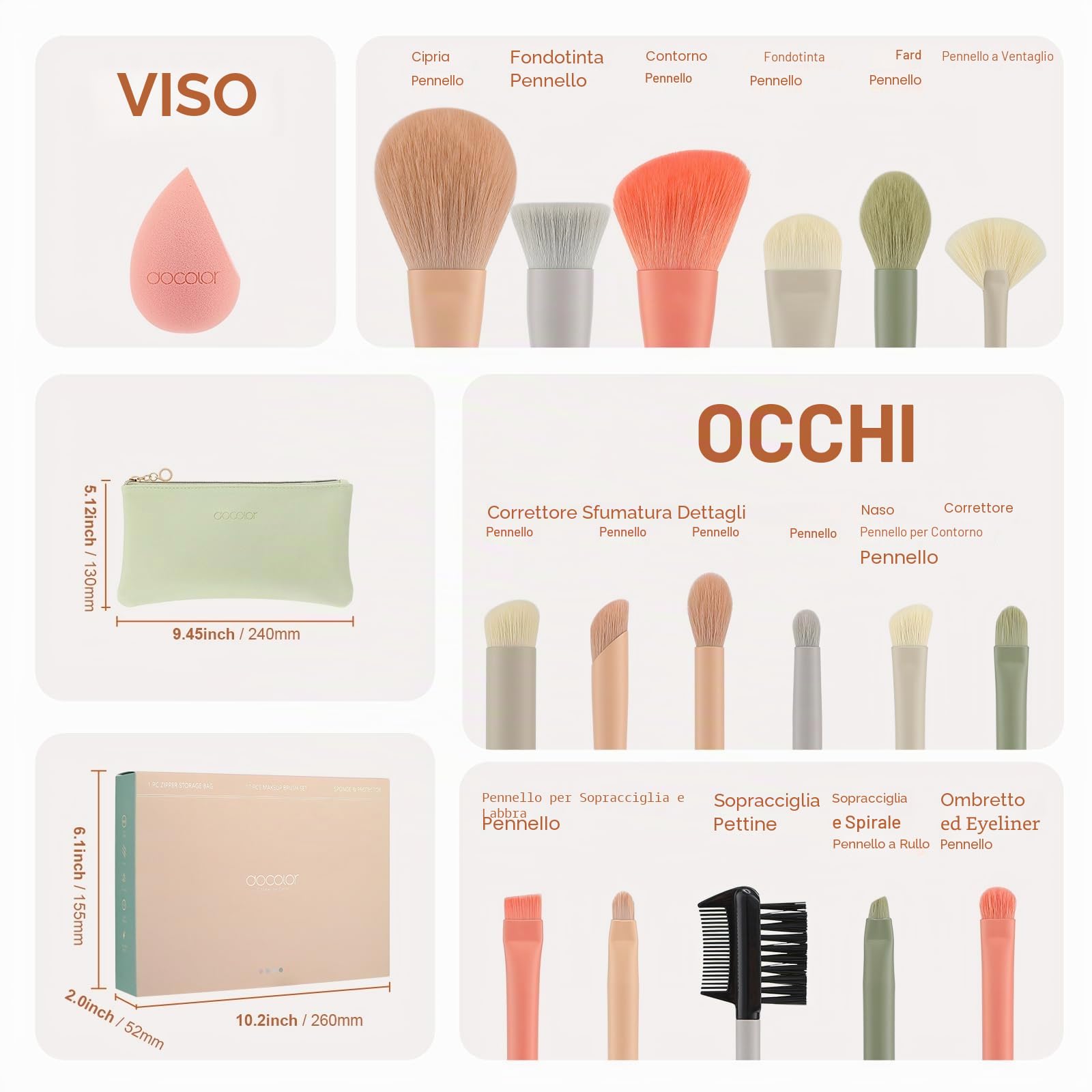 Set Pennelli Make Up 17 Pezzi Synthetic con Spugnetta e Trousse in Pelle PU per Fondotinta, Correttore, Blush, Ombretto