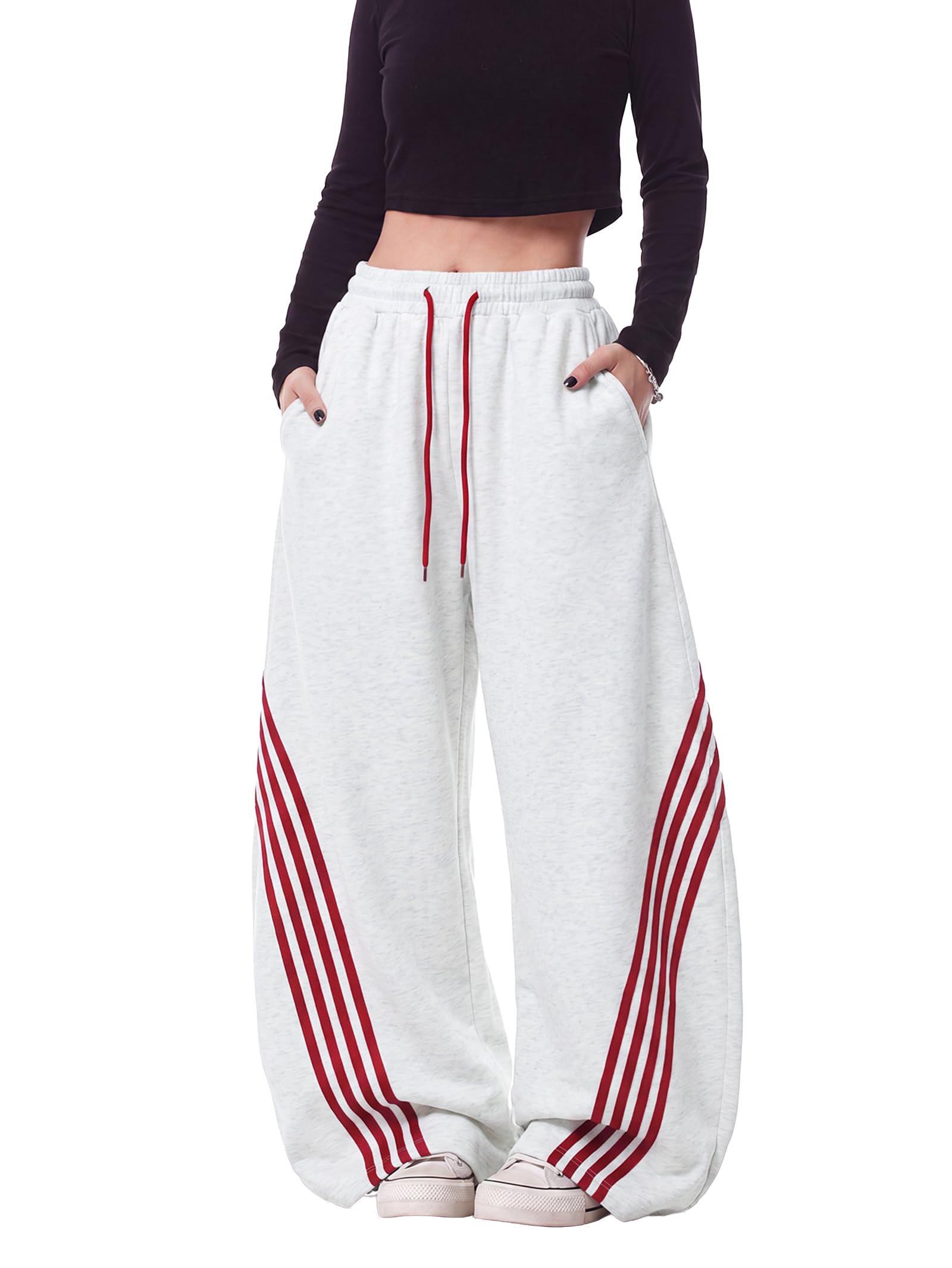 EMMIOL Women’s Y2K Baggy Barrel Striped Sweatpants High Waisted Wide Leg