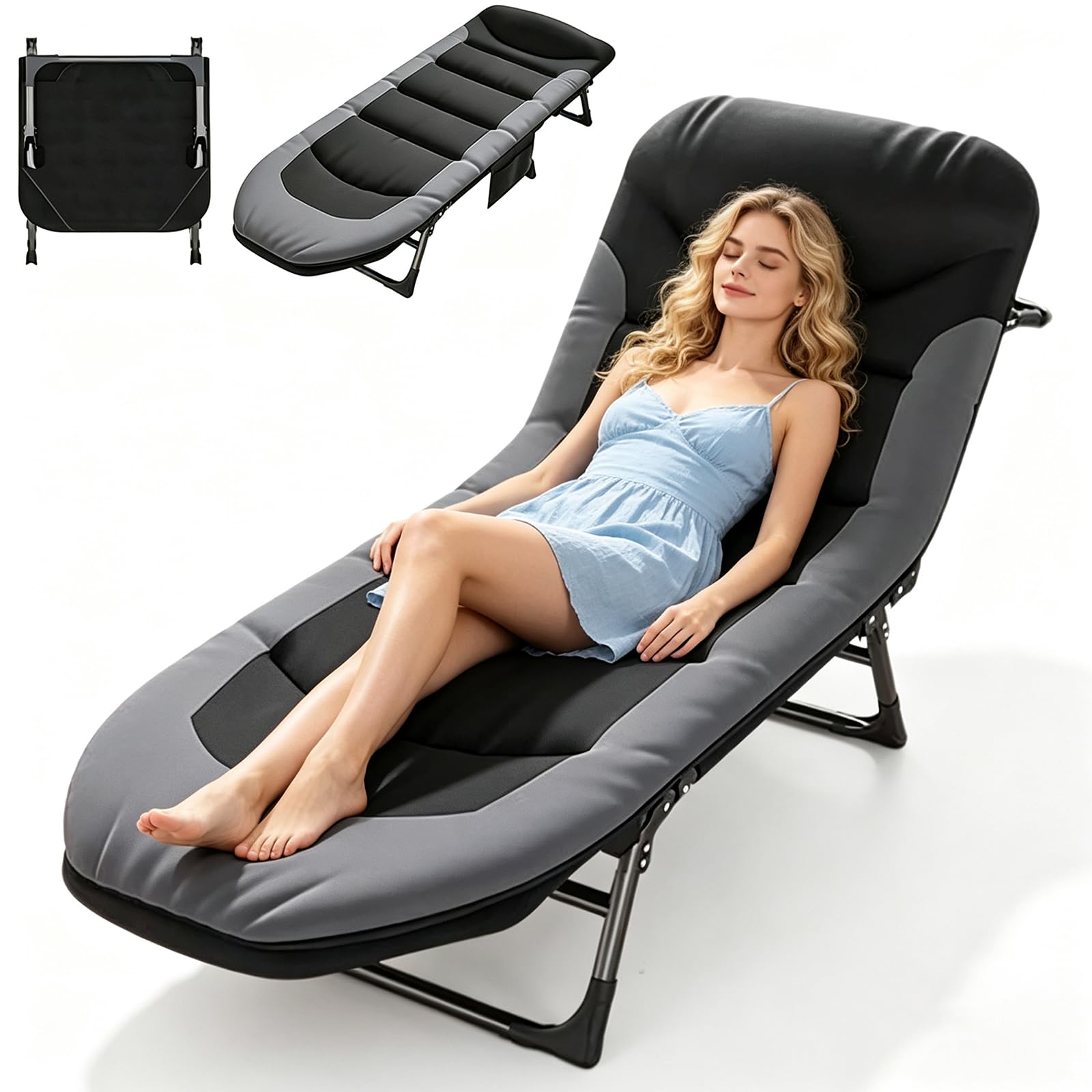 Lit de Camping Pliable XXL, Lit de Camp Pliant avec 6 Dossiers Réglables, Chaise Longue Pliable, Matelas et Poche Latérale Inclus, pour Intérieur, Extérieur, Jardin, Pêche(Gris)