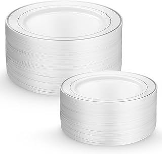 Munfix 60 Piece Plastic Wedding Party Plates White Silver Rim, 30 Premium 10.25 Inch Dinner Plates and 30 Disposable 7.5 Inch Dessert Appetizer Elegant Fancy Heavy Duty