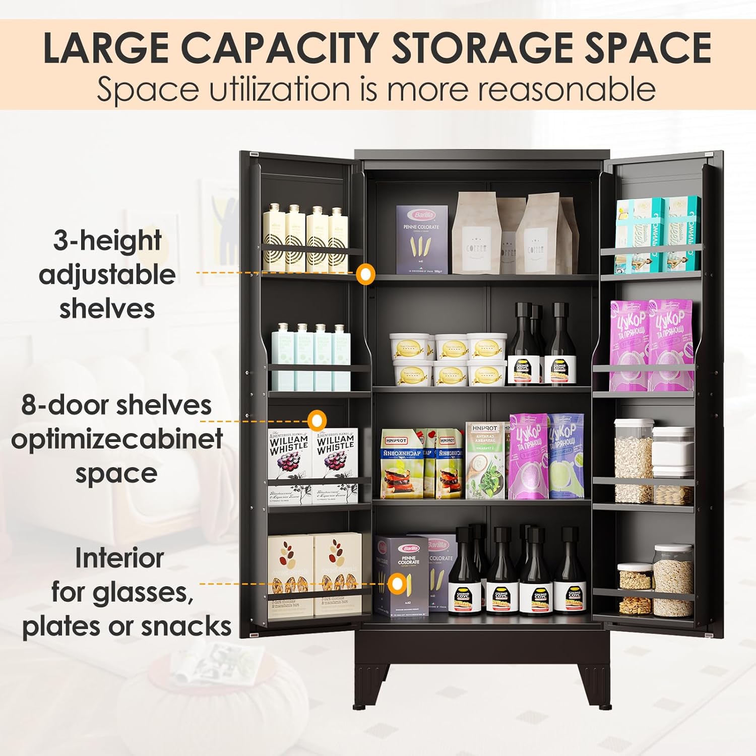 pozdeg 47.24" Kitchen Pantry Cabinet, Metal Food Pantry Storage Cupboard with 2 Doors and 3 Adjustable Shelves, Freestanding Buffet Sideboard for Kitchen, Dining Room, Living Room and Bathroom