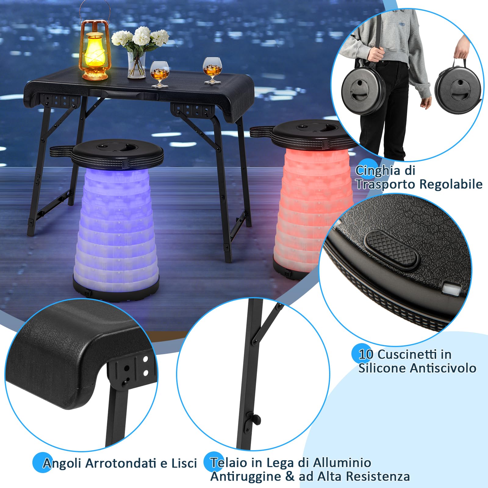 COSTWAY Set Tavolo da Campeggio con 2 Sgabelli LED Pieghevole, Set Tavolino Richiudibile in Valigetta Portatili, con Maniglia, Leggero, per Giardino Picnic BBQ