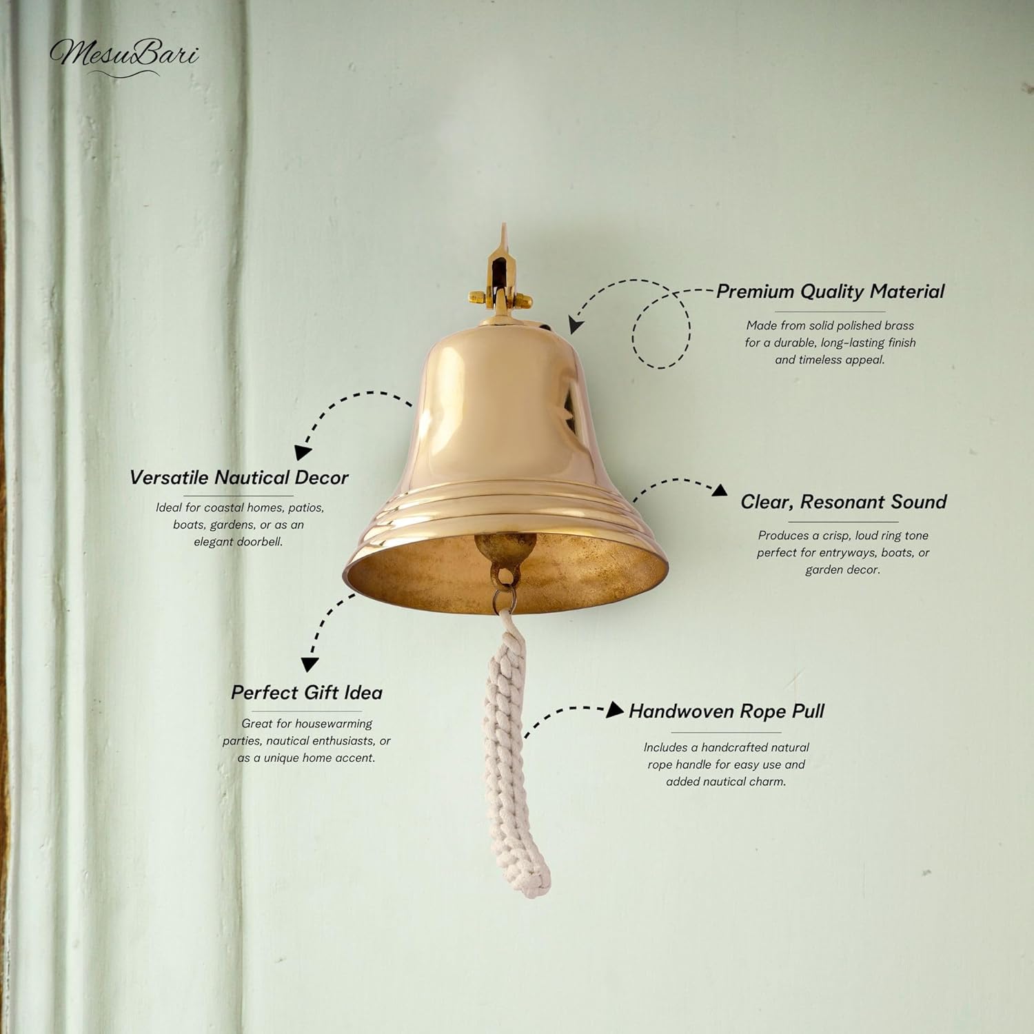Brass Ship Bell with Rope Pull – 7 Inch Wall Mount Heavy-Duty Polished Brass Bell | Indoor Outdoor Nautical Decor | Loud Ringing Bar, Patio, Boat, Doorbell, Marine Wall Accent