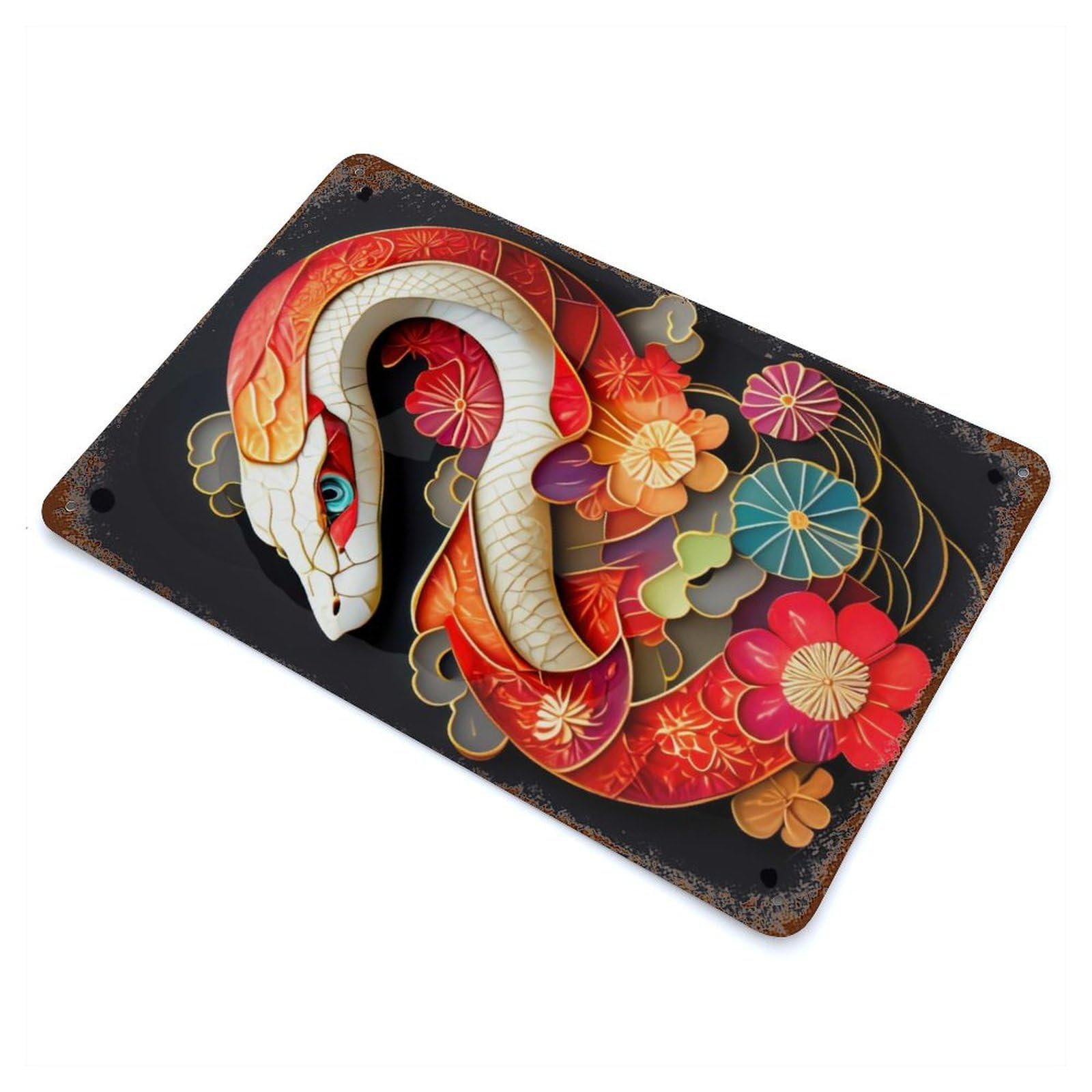 Japanese Snake Art Distressed Metal Wall Sign 11.8"x7.9", for Farmhouse, Kitchen And Entryway Decor, Rustic Home Decor