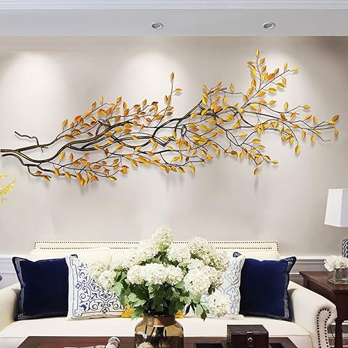 EVEPES Decoración de pared de metal 3D árbol y hojas doradas para sala de estar dormitorio jardín escultura de pared de hierro forjado decoración