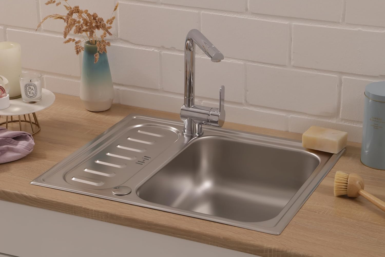 Respekta Riverside Stainless Steel Sink, 1 Basin, Built-in Sink, 61.5 x 50 cm, Stainless Steel Sink with Draining Board, Suitable for Base Cabinets from 50 cm Wide
