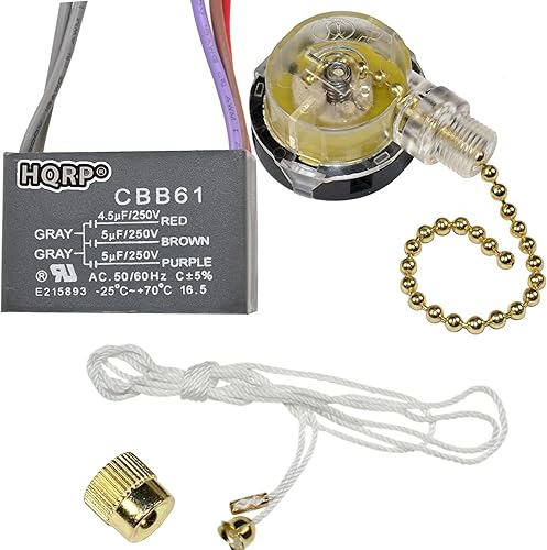 Miniatura 8 de HQRP Kit de condensador de ventilador de techo CBB61 5uf+5uf 4 hilos con certificación UL y interruptor de ventilador de 3 velocidades