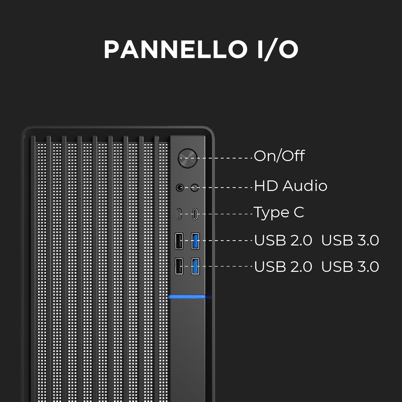 Nuwo Quartz QK300 | Case PC Compatto Micro-ATX Senza Alimentatore | Compatibile con MicroATX e Mini-ITX | Raffreddamento a Rete Frontale | USB 3.0 e Type-C, Nero