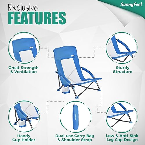 Miniatura 6 de SUNNYFEEL Silla de playa plegable baja para campamento, paquete de 2, silla de césped portátil ligera con respaldo de malla, portavasos para