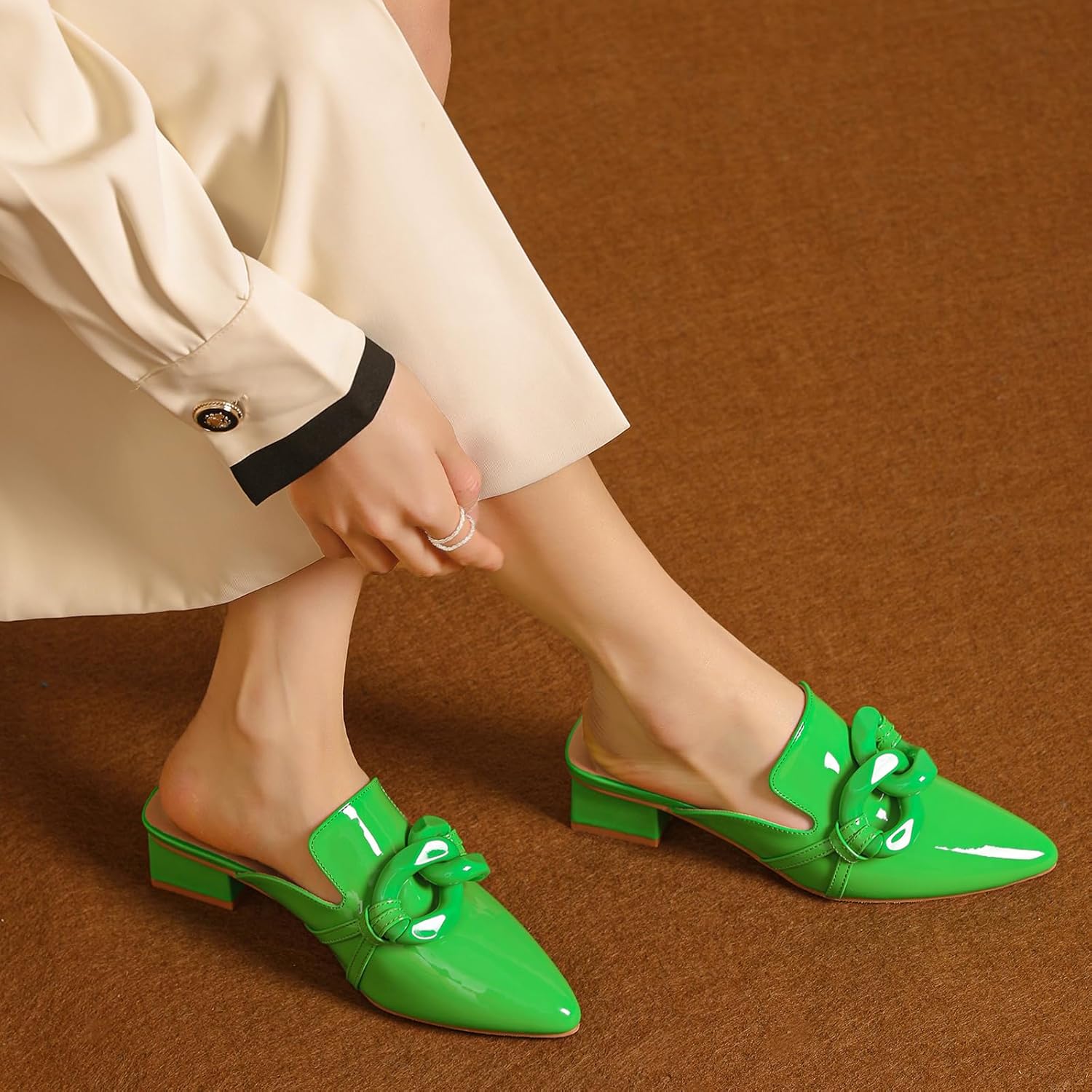 Tilocow Metal Chain Decor Mules Heels for Women, Pointed Closed Toe Sandals, Women Chunky Stacked Heel Mules, Comfortable Slip-On Sandals - Image 2